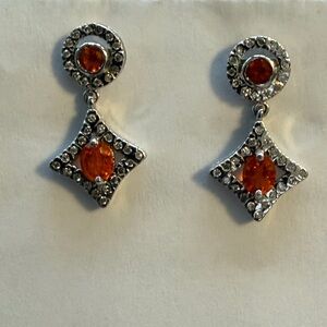 Fire Opals & Diamond Halo Drop Earrings set in White Gold. Approx. 3/4”.